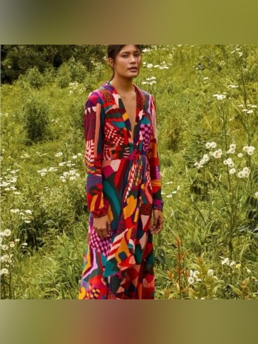 Farm Rio Red Abstract Patches V-Neck Maxi Dress Size M